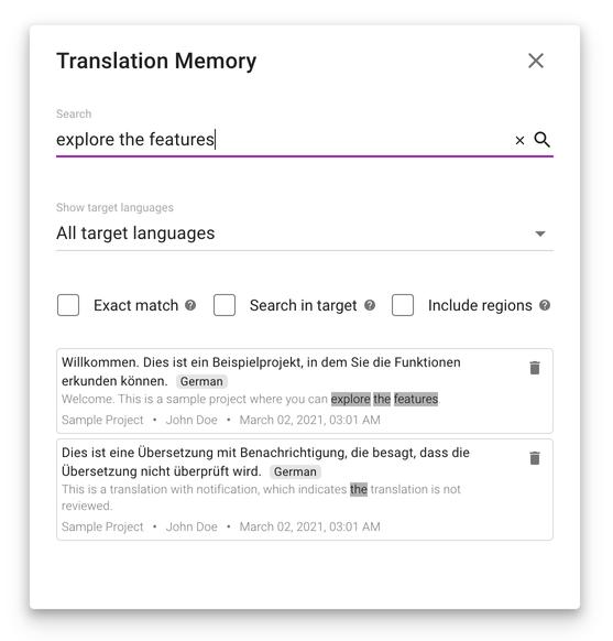 Translation Memory search