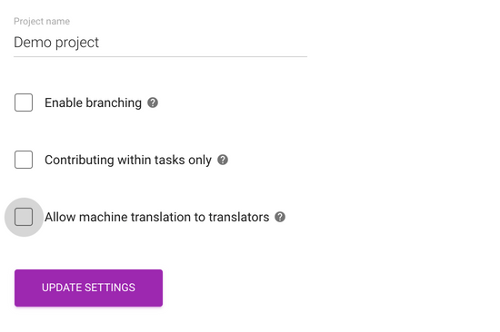 Project settings machine translation