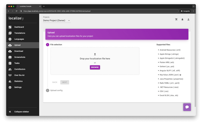 Localizely upload YAML file