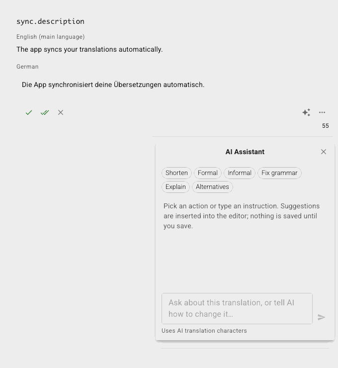 A custom instruction to the AI Assistant, its suggestion inserted, and a follow-up turn