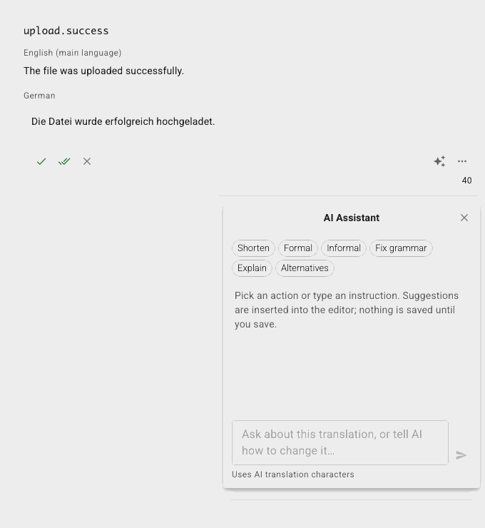 The AI Assistant correcting a grammar mistake in a German translation