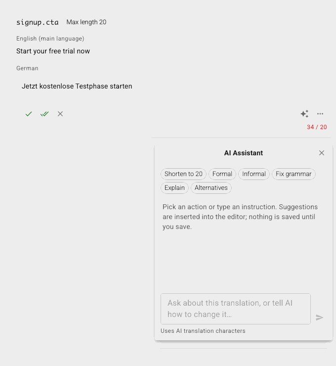A German translation over its 20-character limit shortened by the AI Assistant and inserted into the editor
