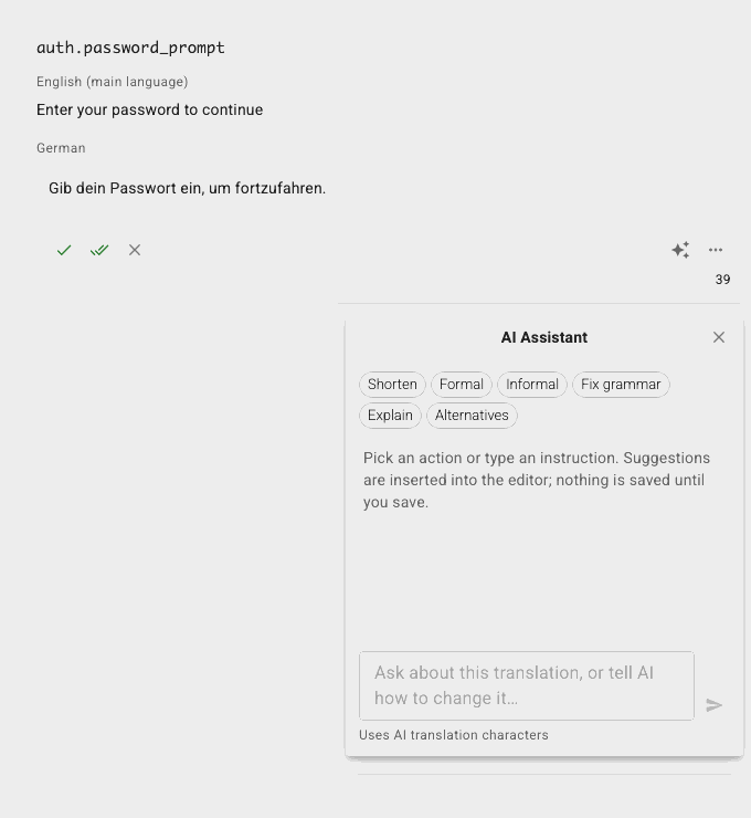 The AI Assistant rewriting a German translation from informal to formal address