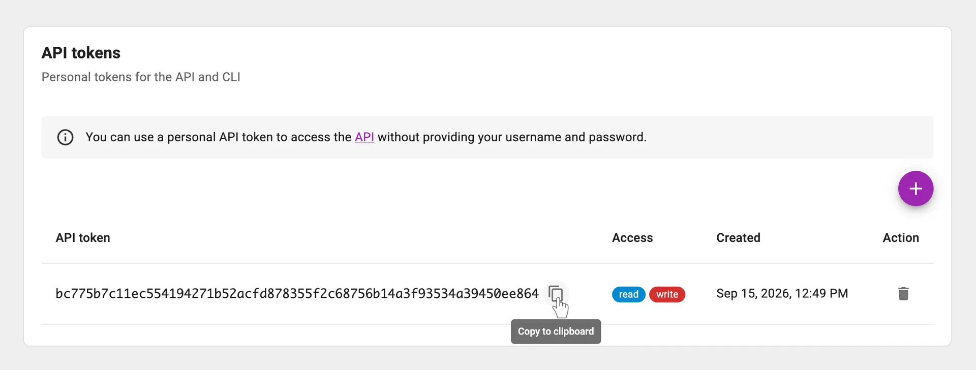 Copy API token
