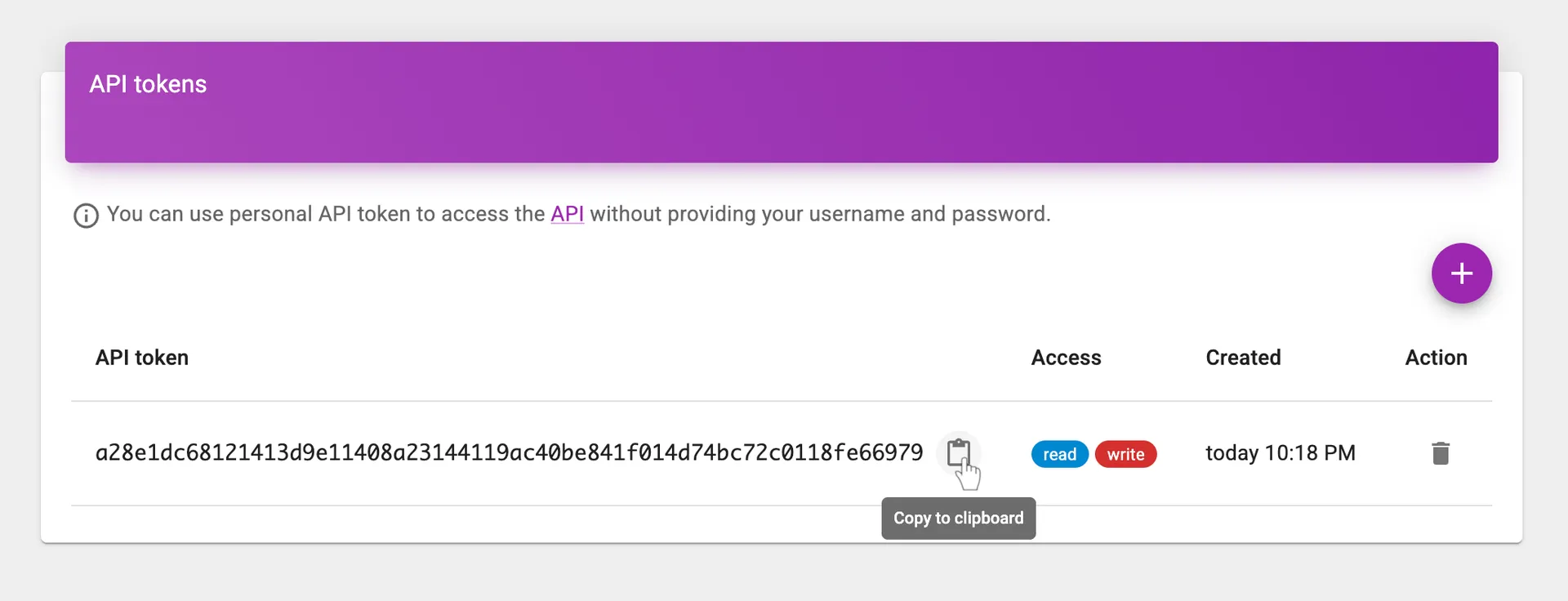 Copy API token