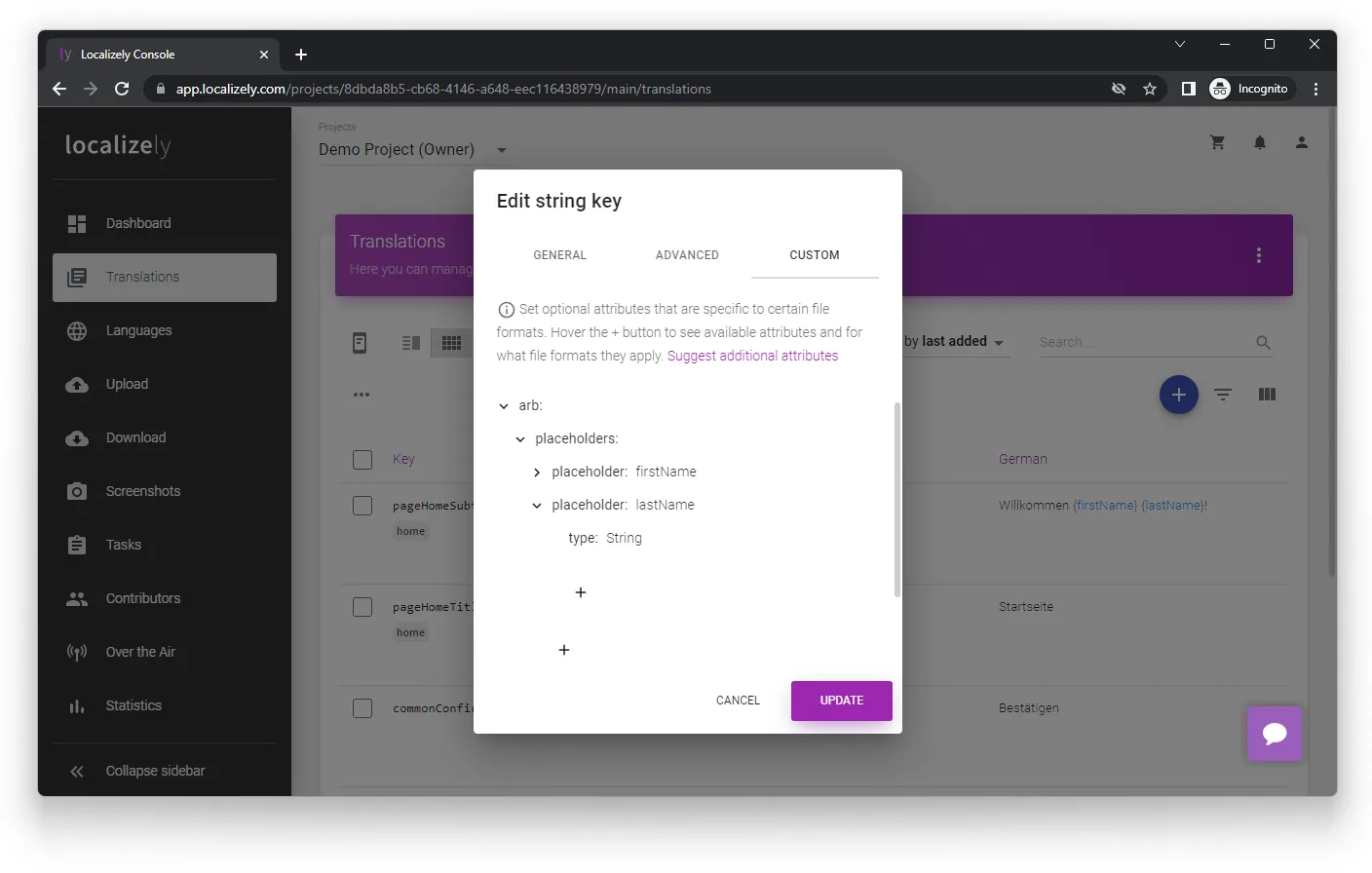 Localizely key optional attributes