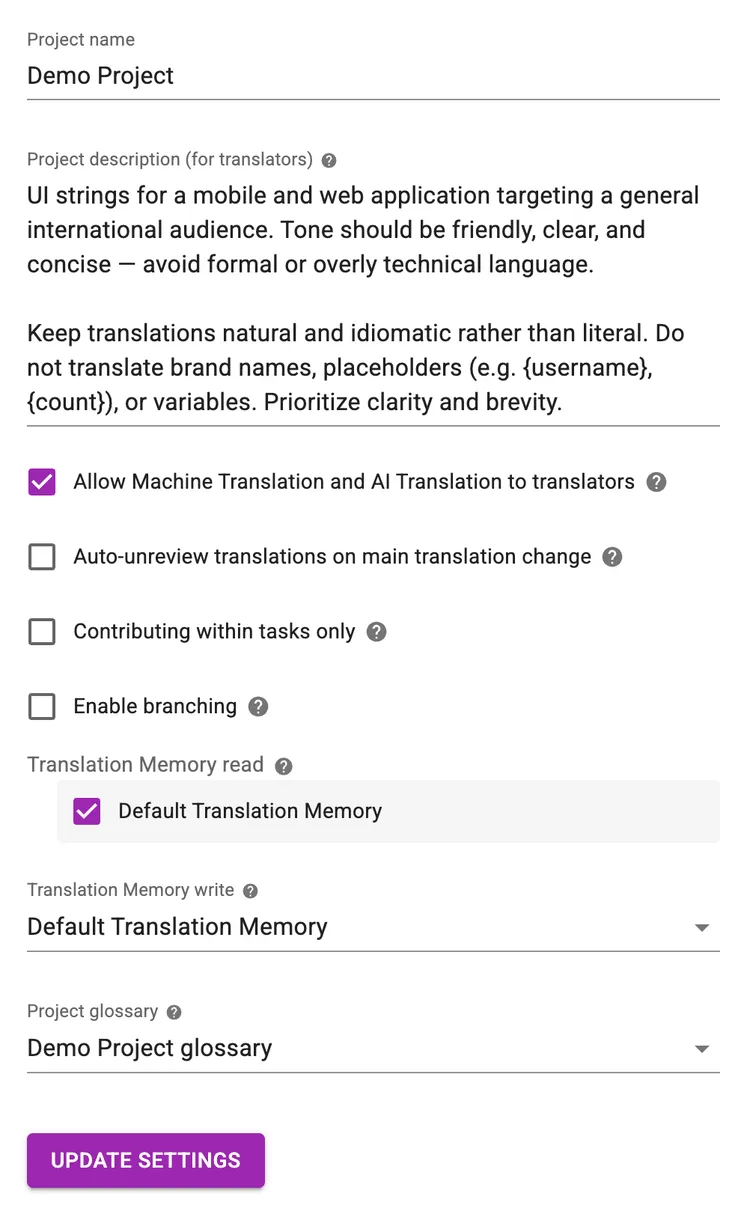 Project settings allow Machine Translation and AI Translation to translators