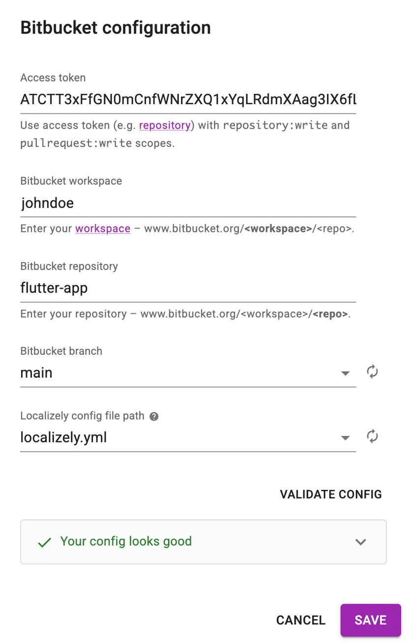 Bitbucket configuration dialog