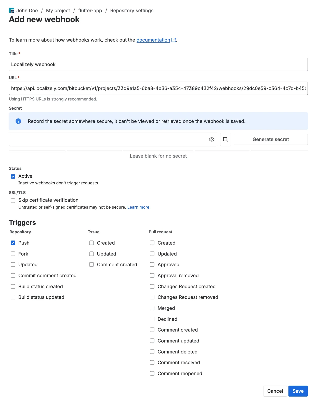 Bitbucket webhook setup