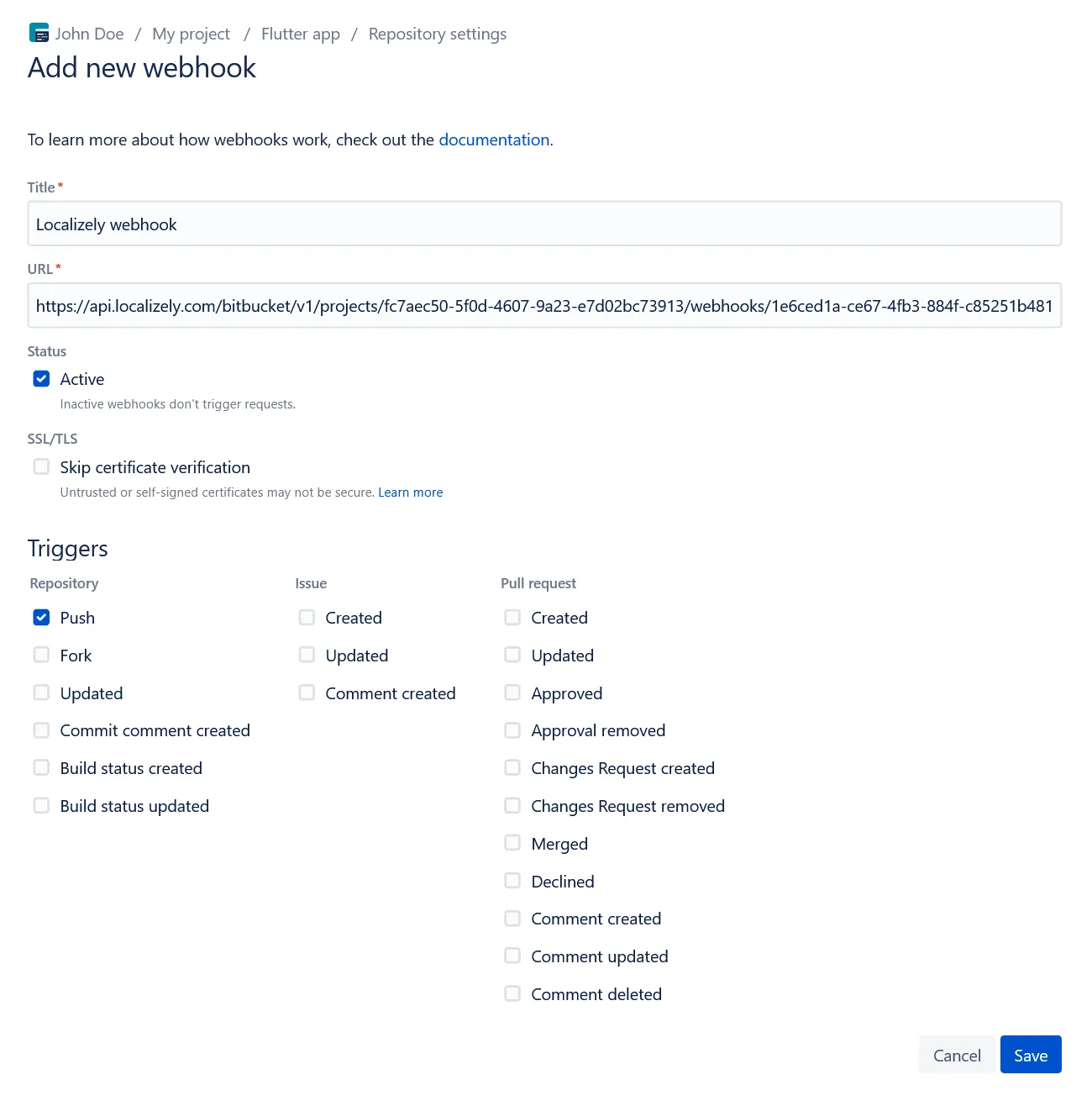 Bitbucket webhook setup