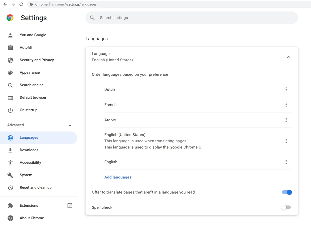 Chrome languages settings