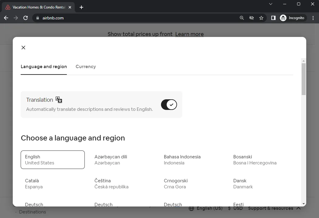 Language selector design modal dialog