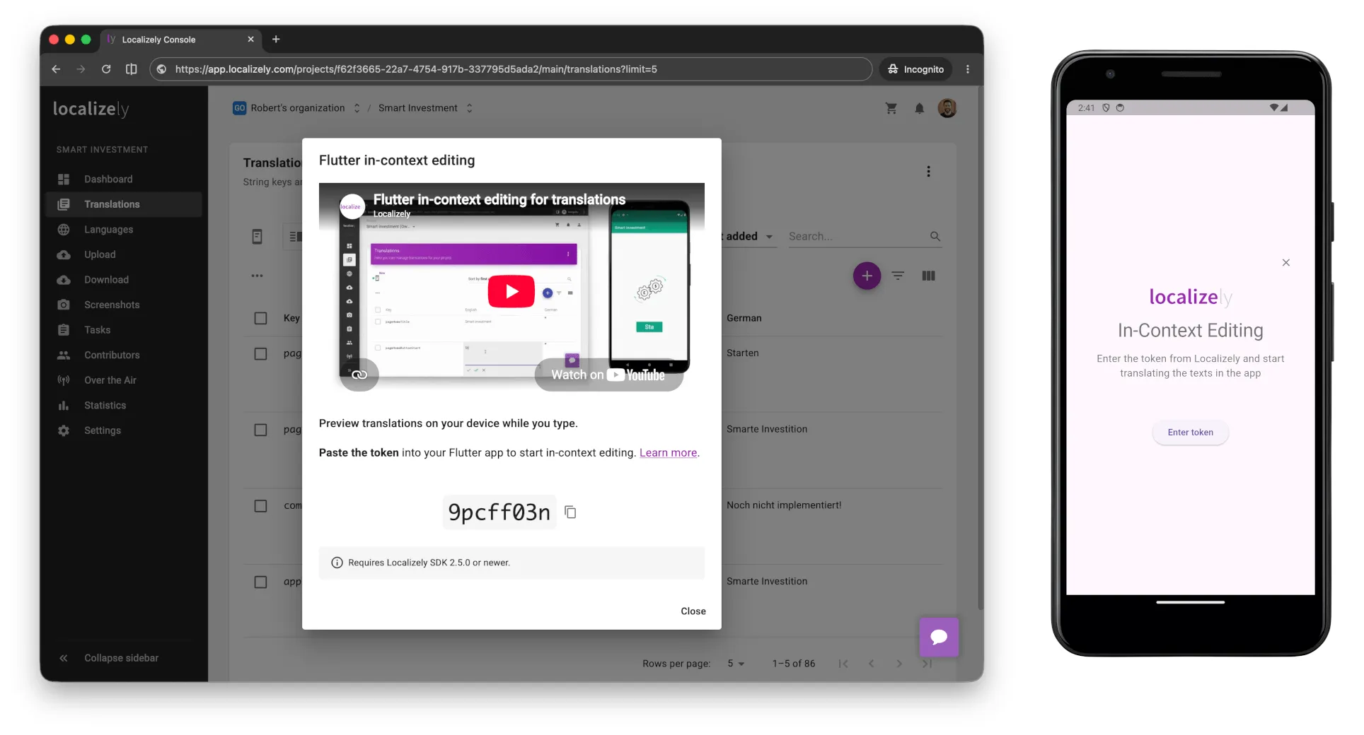 Flutter In-Context Editing authenticate by entering token