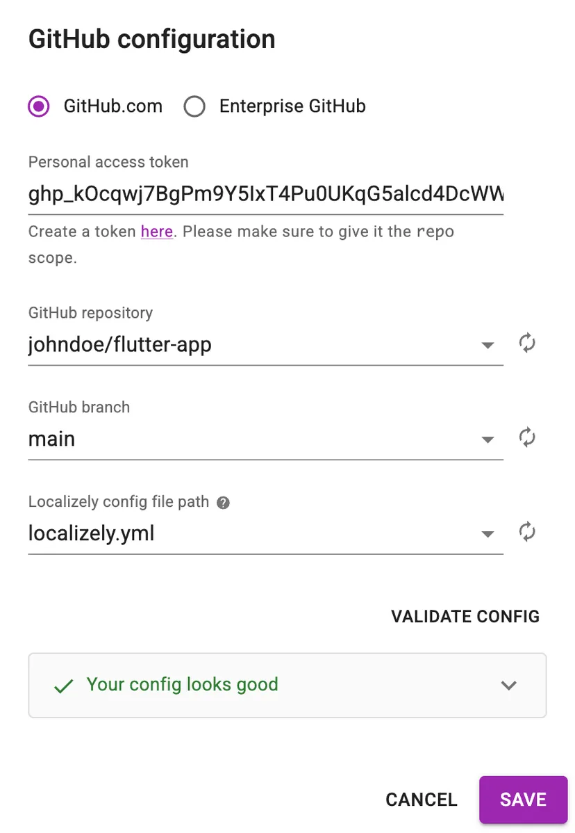 GitHub configuration dialog