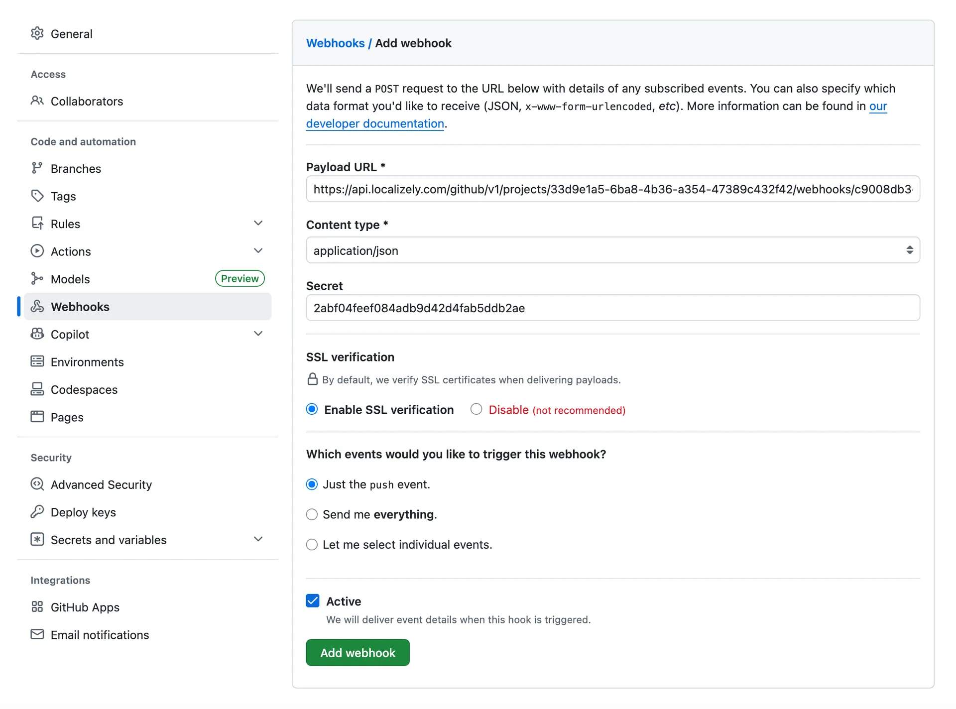 GitHub webhook setup
