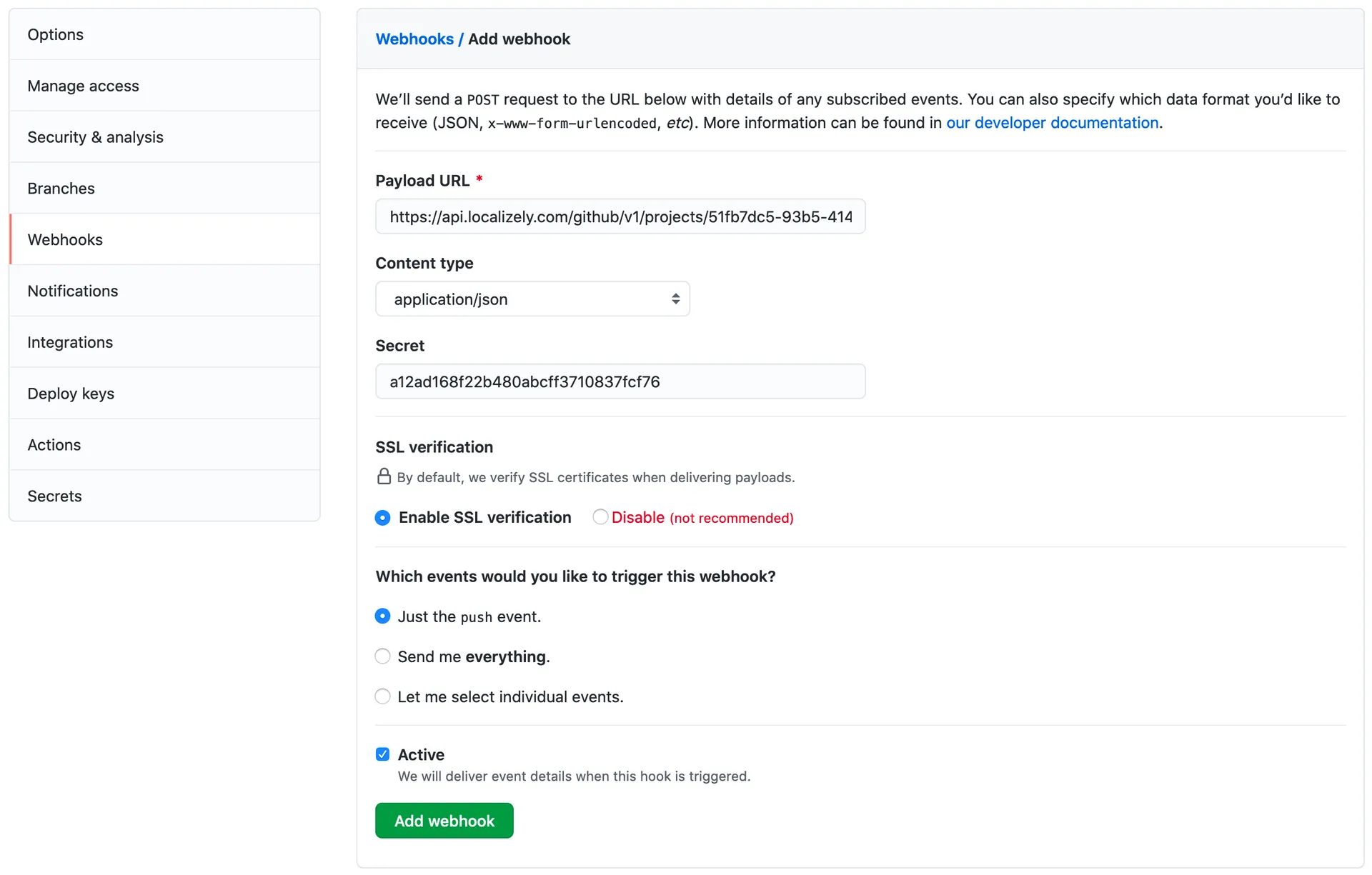 GitHub webhook setup