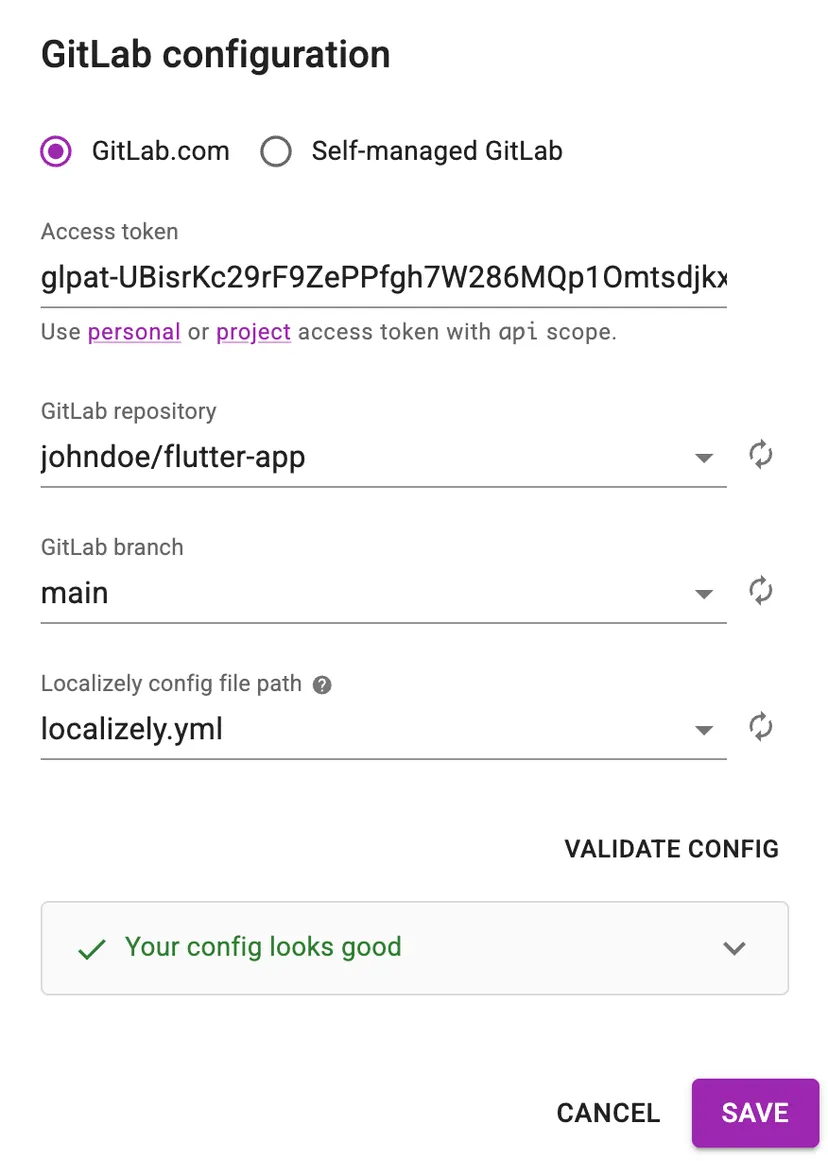 GitLab configuration dialog