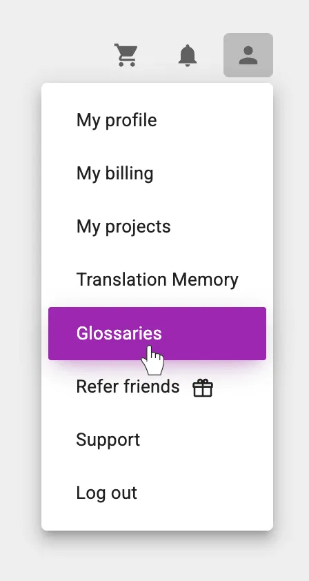 Glossaries user menu