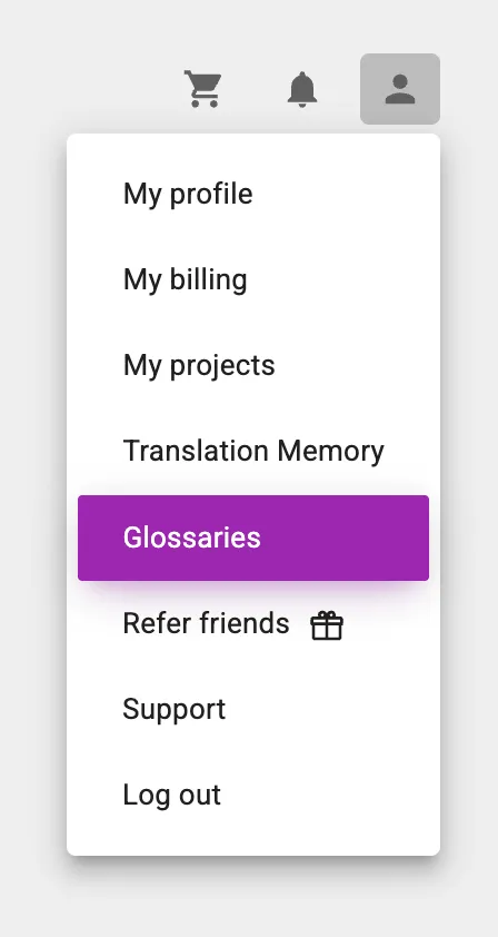Glossaries user menu