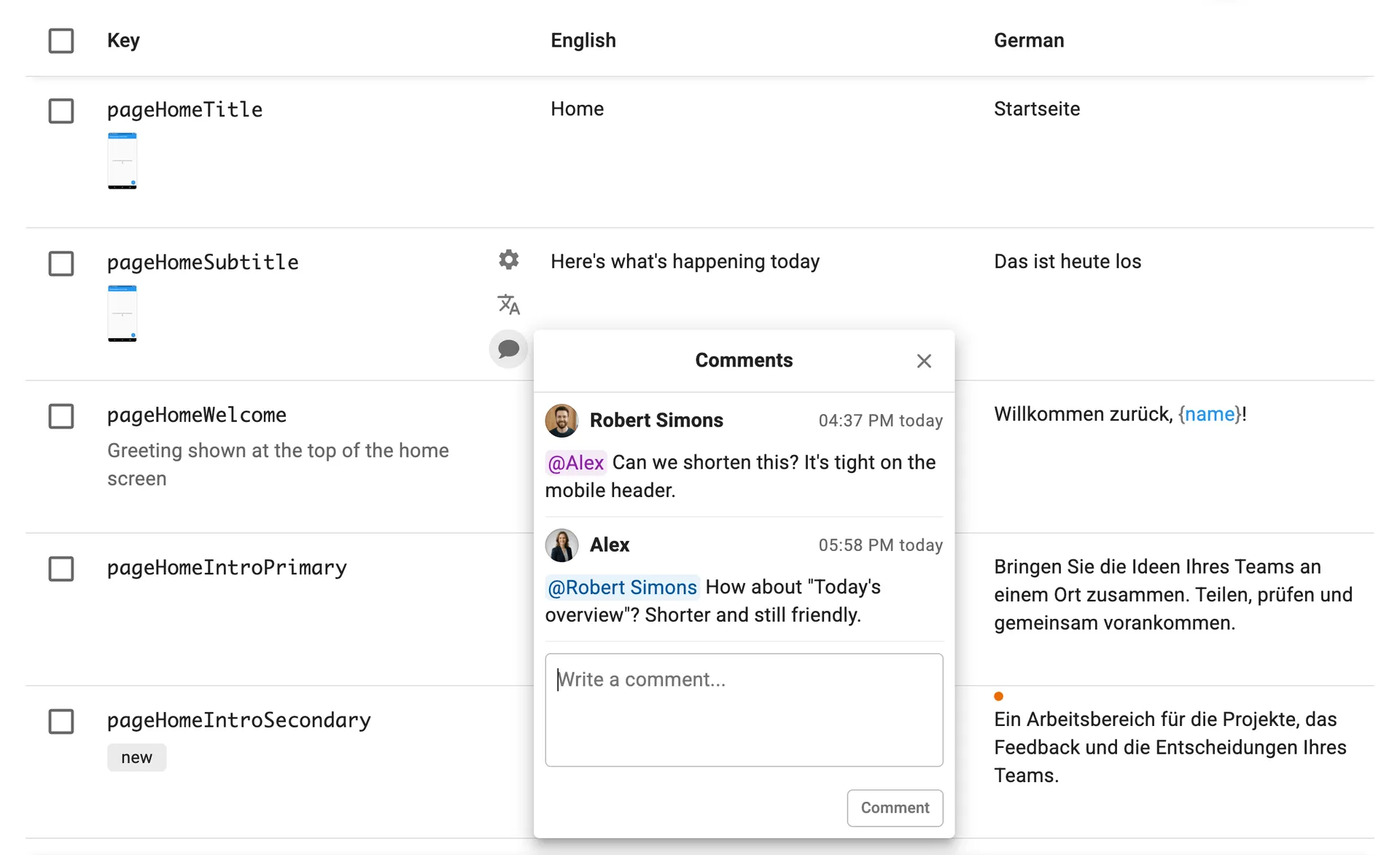 Comment thread on a string key with @mentions