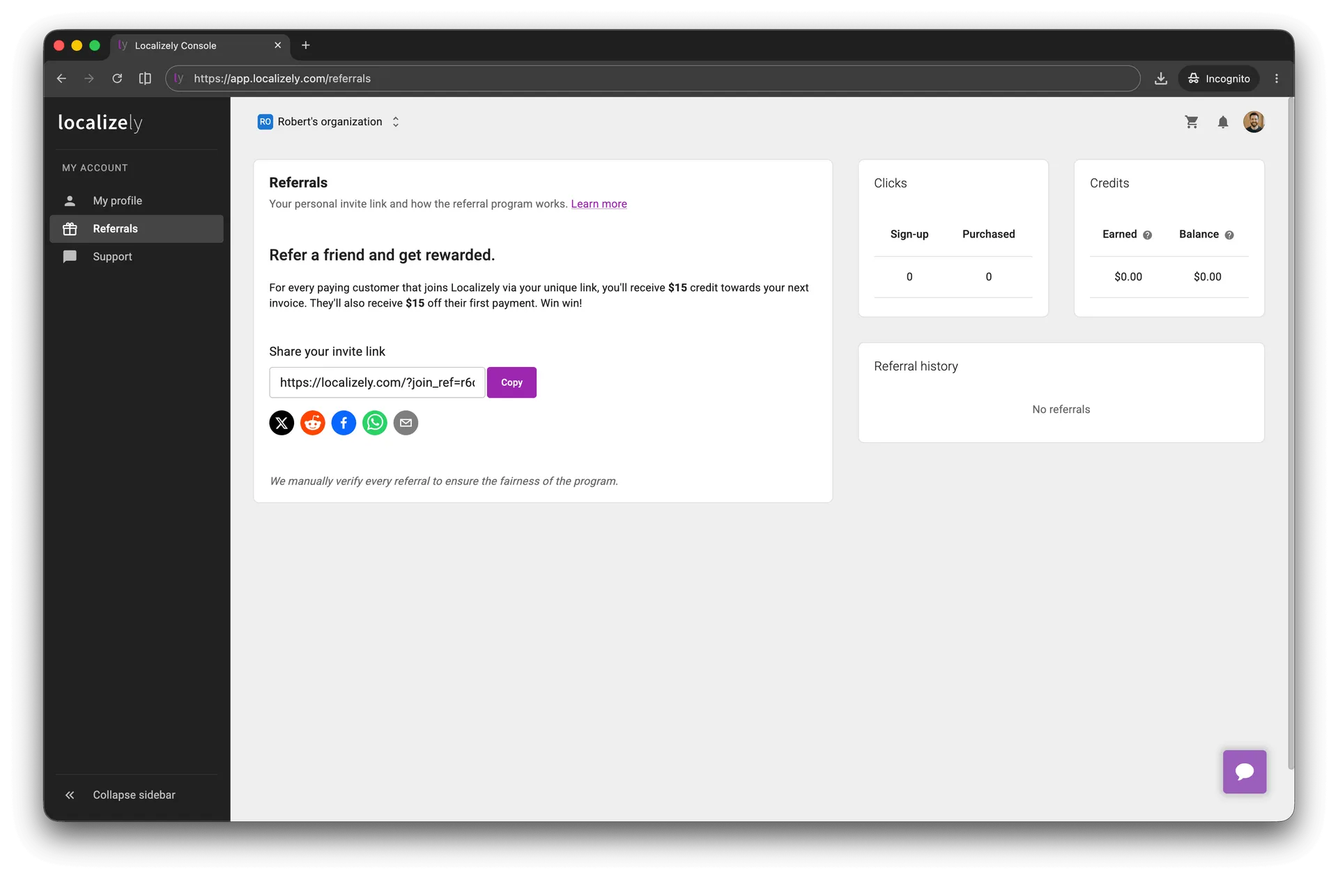 Localizely referrals page