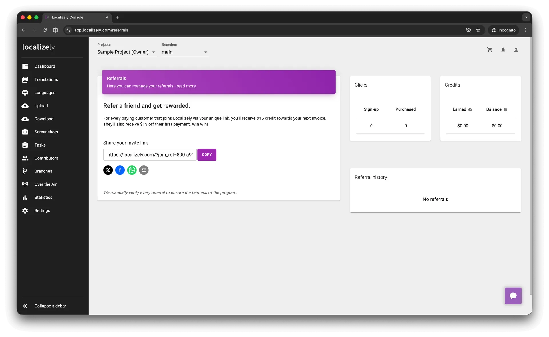 Localizely referrals page