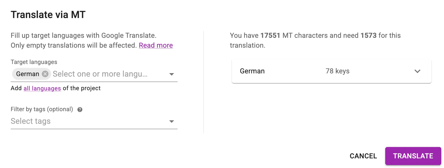 Machine Translation dialog