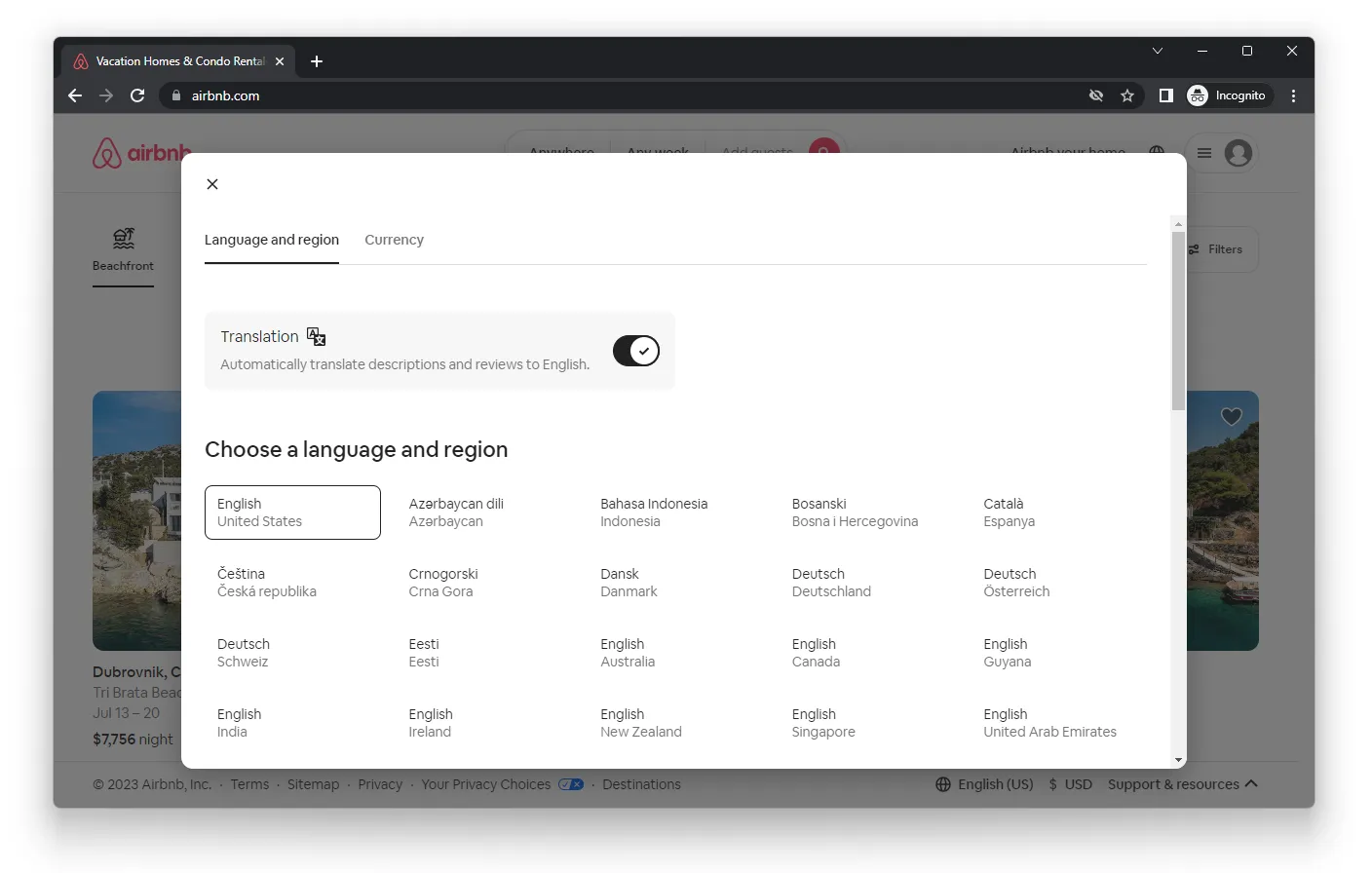 Airbnb - Select language
