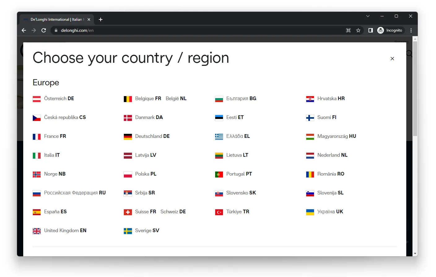 De'Longhi - Select country and language