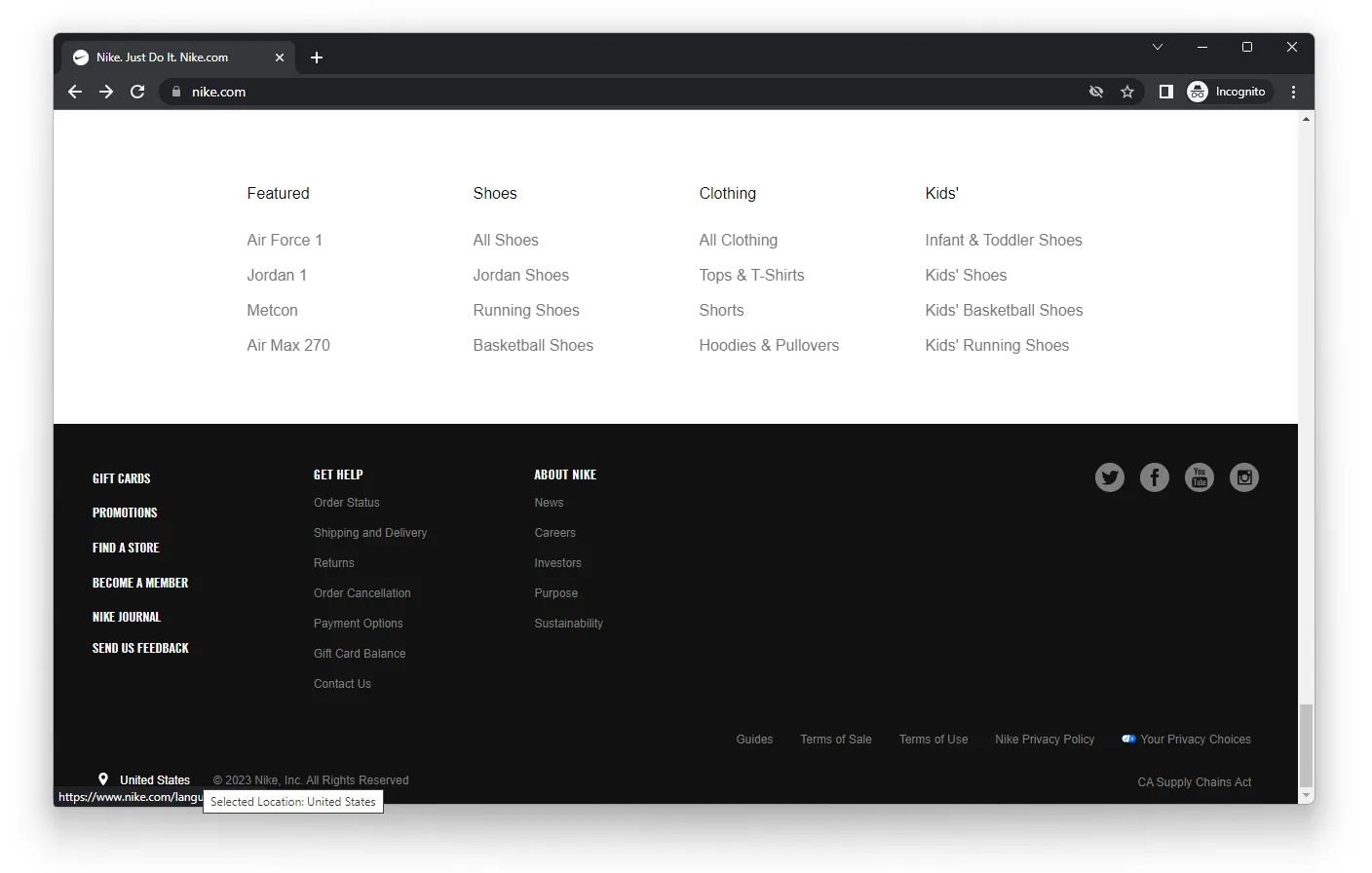 Nike - Select location footer