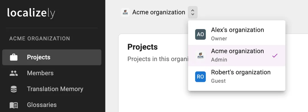 Organization switcher showing your role in each organization