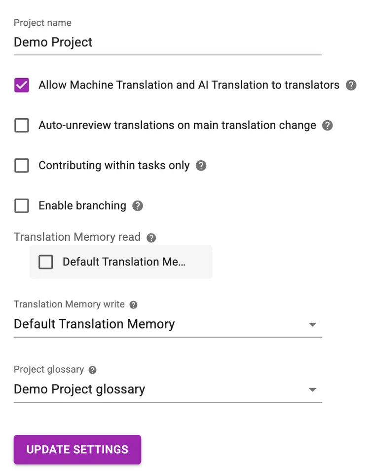 Project settings allow Machine Translation and AI Translation to translators