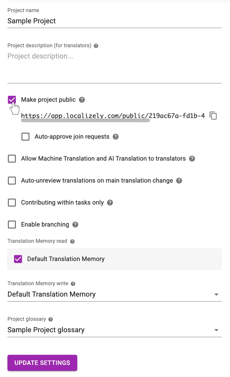 Project settings - Make project public