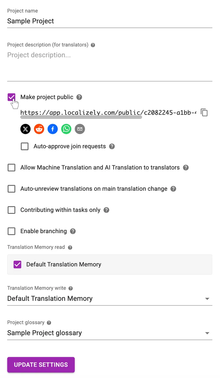 Project settings - Make project public
