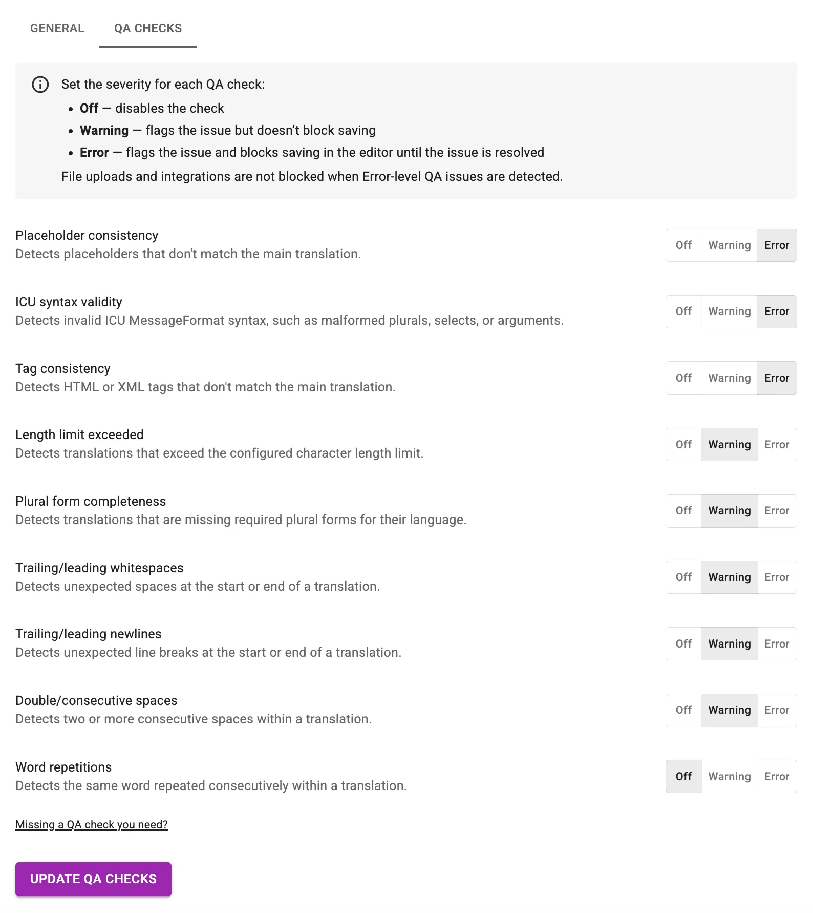 Project settings - QA Checks