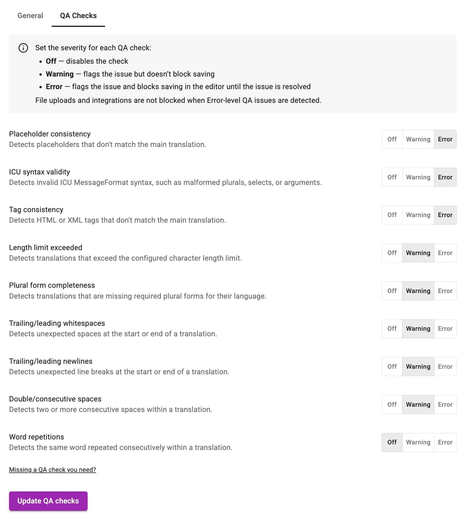 Project settings - QA Checks