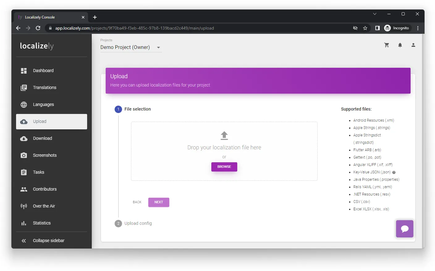 Localizely upload RESX file