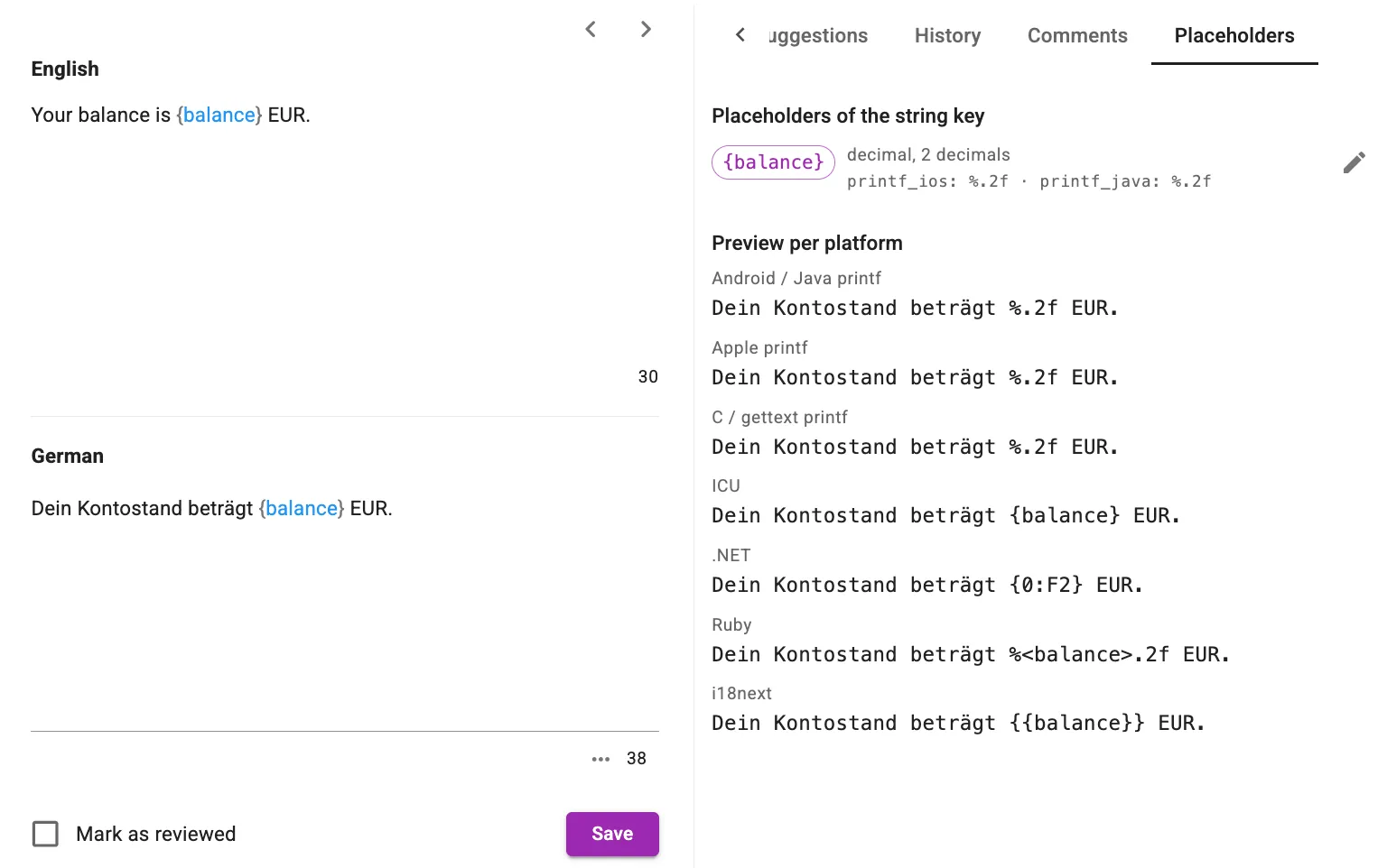 Placeholder definitions of a string key with the tokens of each platform