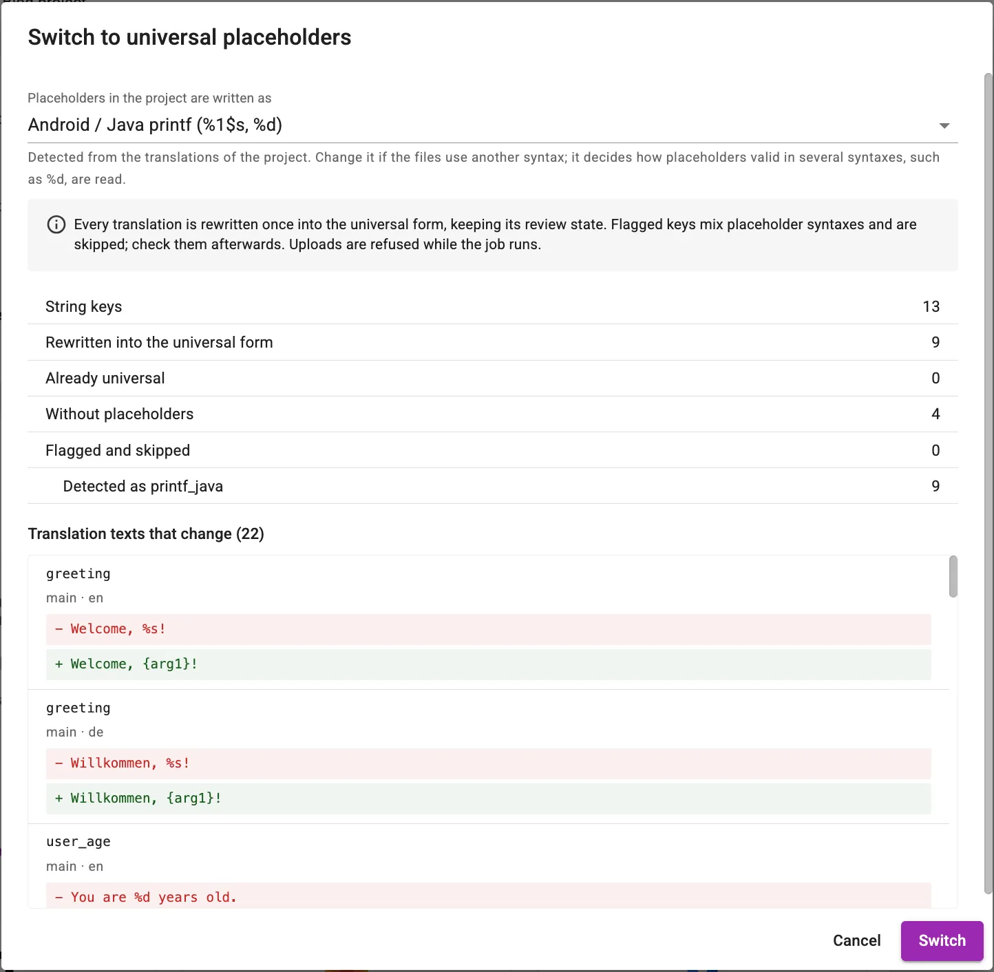 Switching a project to universal placeholders, with a preview of every change