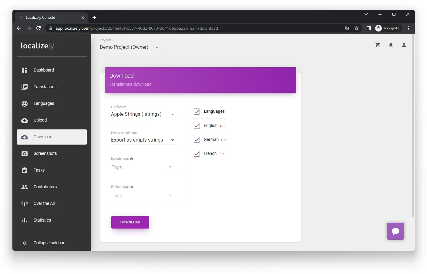 Localizely download Strings files