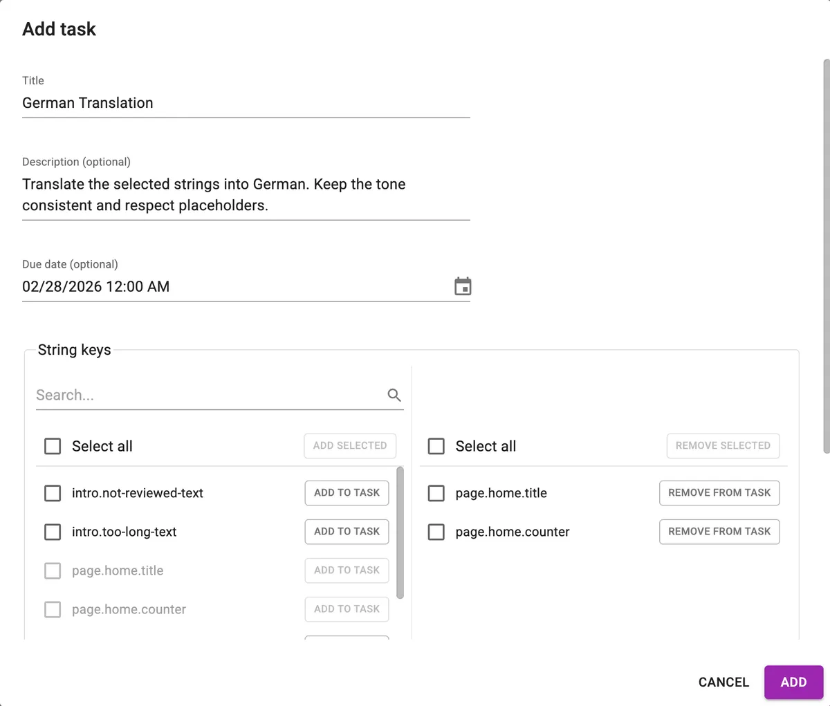 Add task dialog