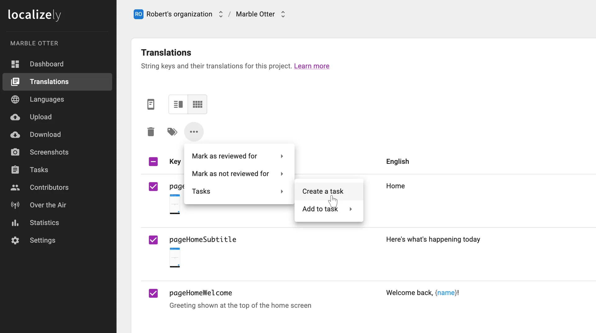 Create a task via the Translations page