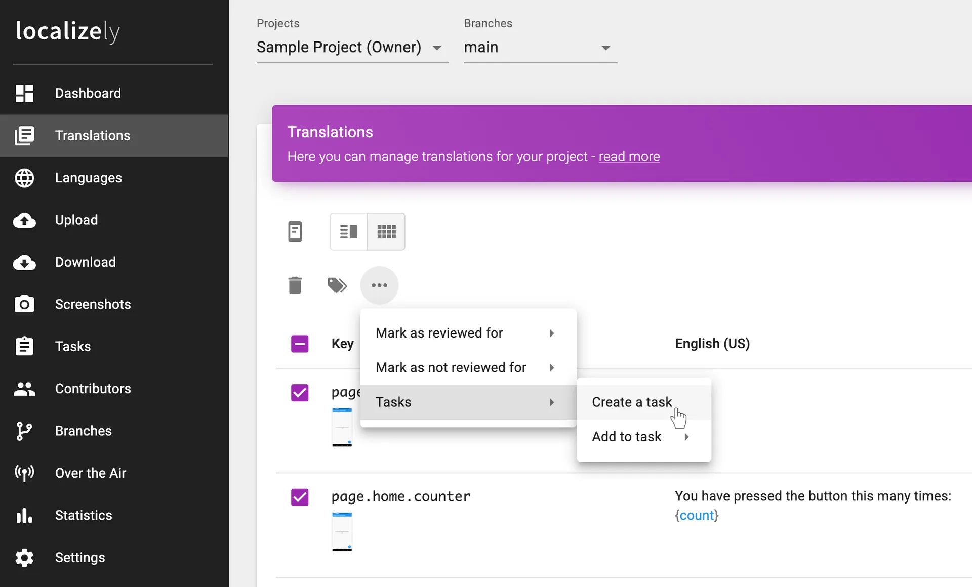 Create a task via the Translations page