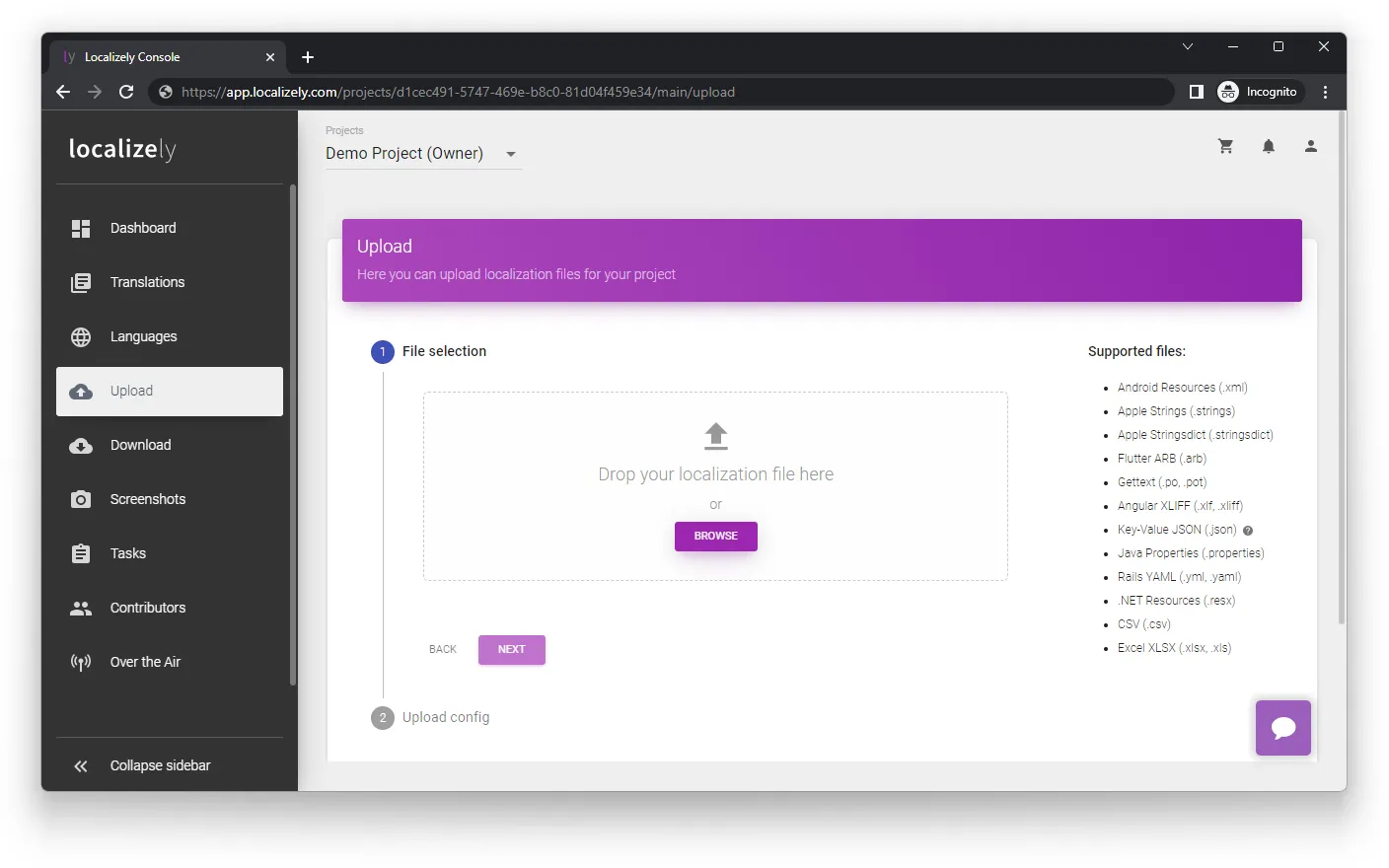 Localizely upload localization files