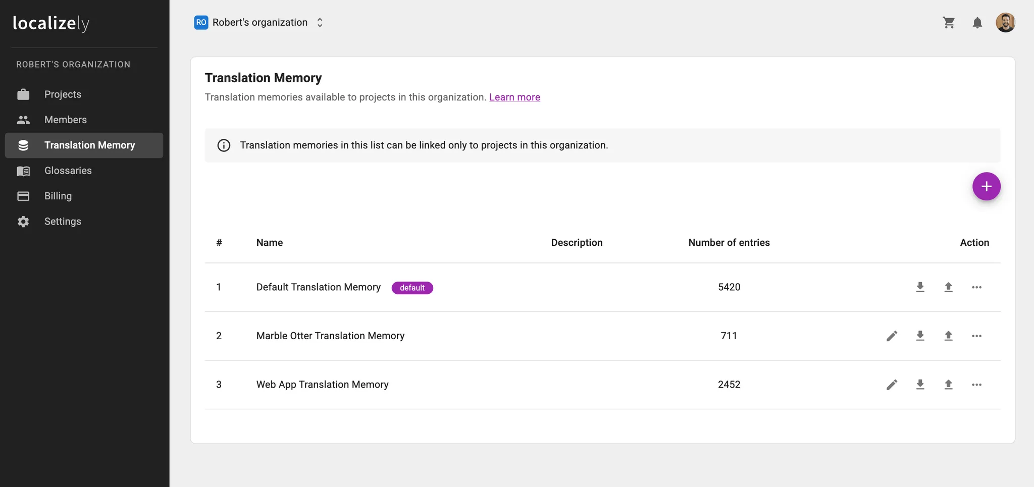 Translation Memory list