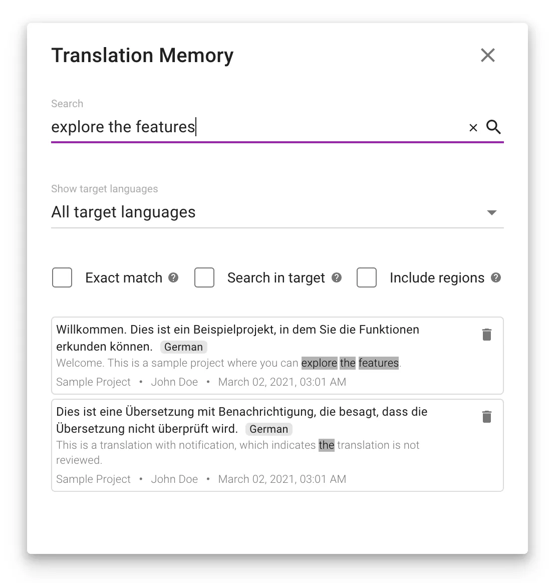 Translation Memory search