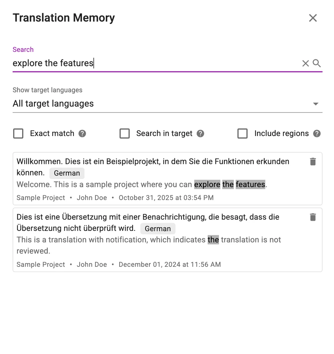 Translation Memory search