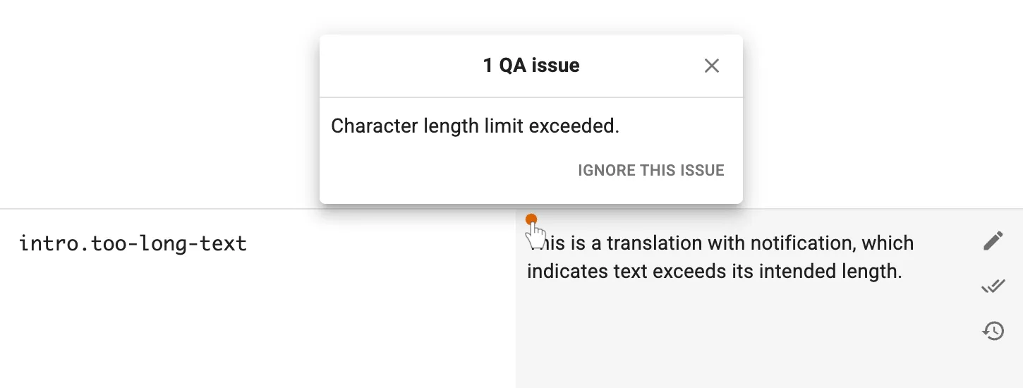 Detected QA issue in the translation editor