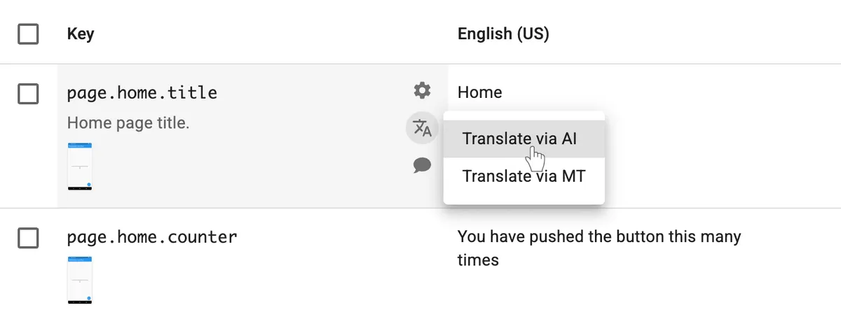 Menu for initiating inline AI Translation