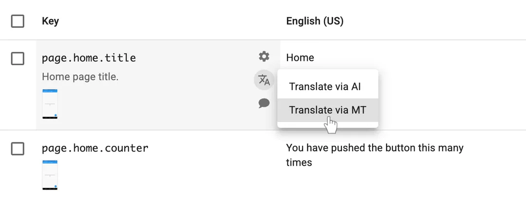 Menu for initiating inline Machine Translation